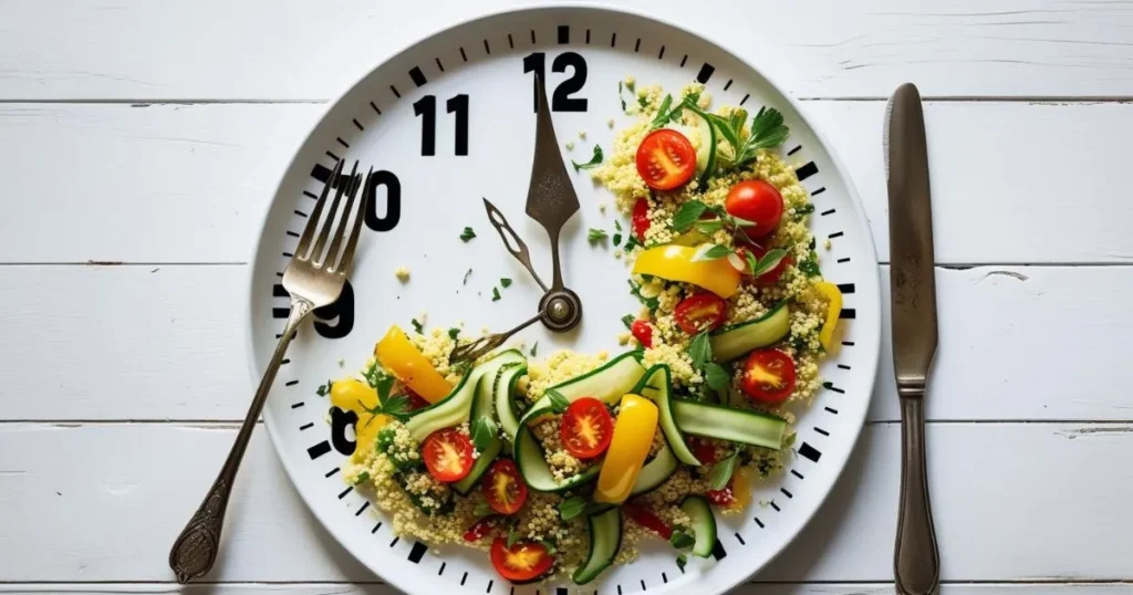 Illustration of how to carb cycle using a healthy meal arranged like a clock to demonstrate carb timing before and after workouts.
