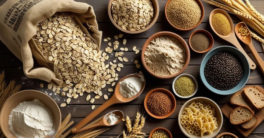 Various complex carbohydrate foods including oats, beans, lentils, whole grain bread, and flour on a wooden table
