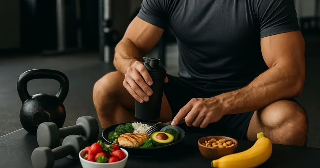 Athlete preparing a balanced meal as part of how to carb cycle strategy, showing whole foods and carb planning.