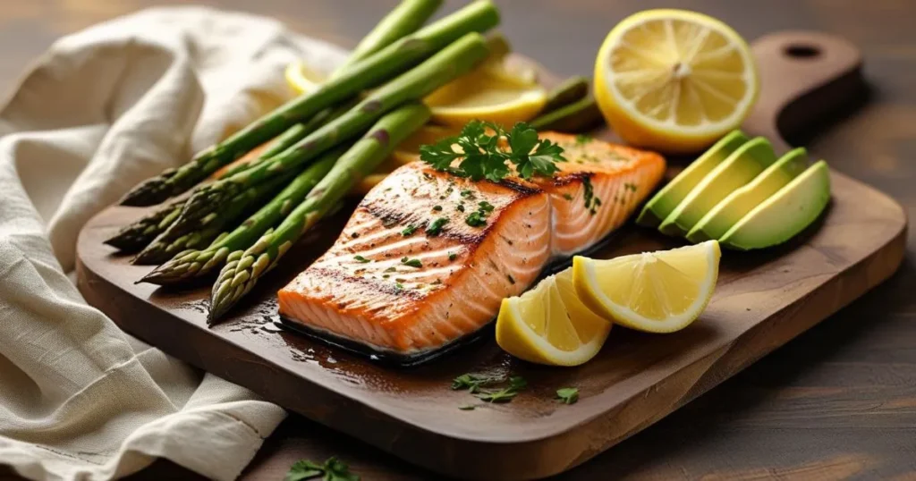 Keto-friendly meal with grilled salmon, avocado, lemon slices, and asparagus – ideal for low-carb and carb cycling plans