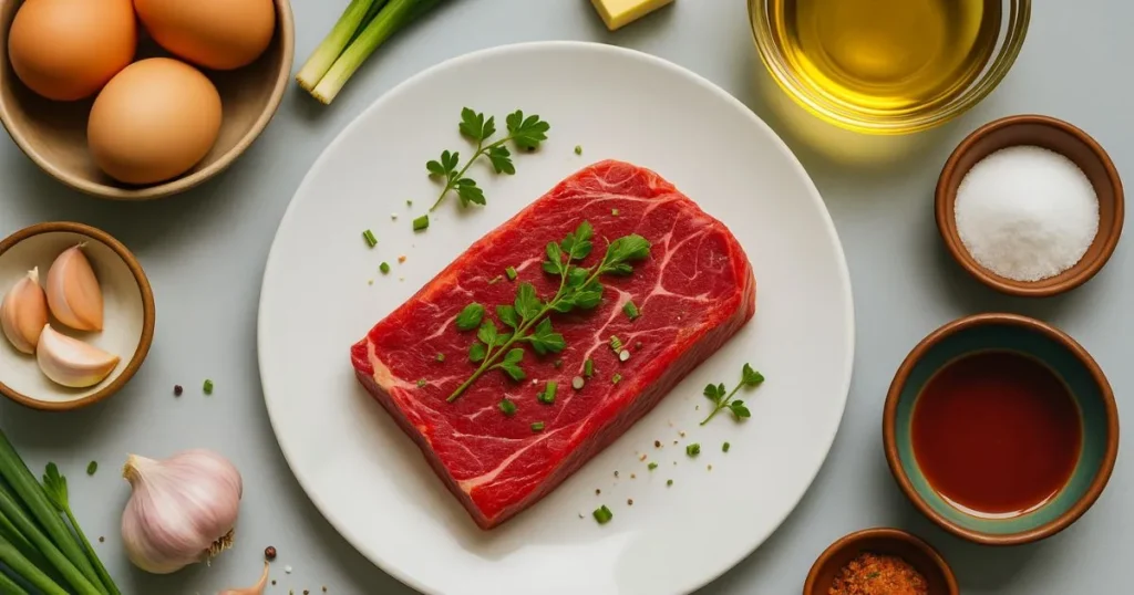 Fresh ribeye steak and eggs with garlic, spices, and healthy fats — perfect ingredients for a hearty steak and eggs breakfast.